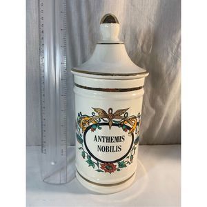 Porcelain Apothecary Jar "Anthemis Nobilis" 9” Jeanne Robinette California Vtg